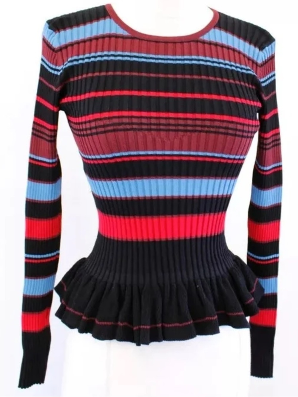 Torn by Ronny Kobo Black, Red & Blue Striped Ribbed Peplum Sweater